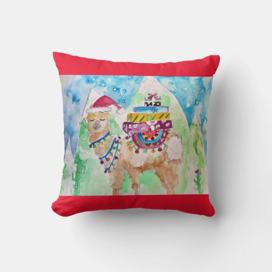 Mooie Kerst Lama Waterverf Rood Decor Kussen (Voorkant)