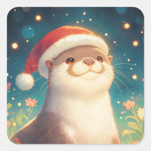 Mooie Kerst Otter Sticker met Kerstmannenhoed (Voorkant)