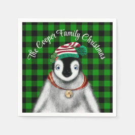 Mooie kerst pinguïn groen zwart geruit servet