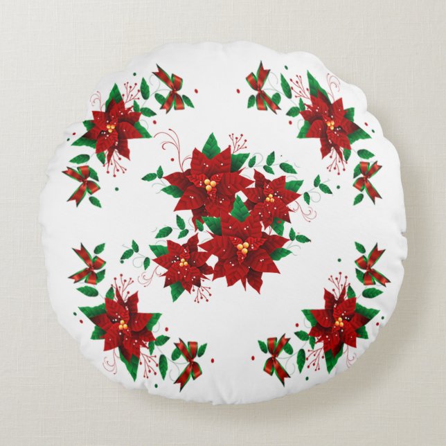 Mooie Kerst Rode Bloemen Ronde Kussen (Voorkant)