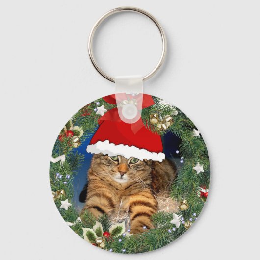 Mooie Kerst Tabby Kat Sleutelhanger (Voorkant)