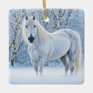 Mooie Kerst Wit Paard Sneeuw Lichtjes Keramisch Ornament