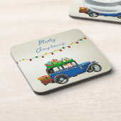 Mooie, kerstblauwe auto met kerstman en cadeautjes bier onderzetter (Linkerzijde)