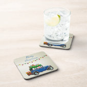 Mooie, kerstblauwe auto met kerstman en cadeautjes bier onderzetter (Rechterzijde)