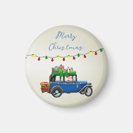 Mooie, kerstblauwe auto met kerstman en cadeautjes magneet (Voorkant)