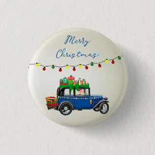 Mooie, kerstblauwe auto met kerstman en cadeautjes ronde button 3,2 cm