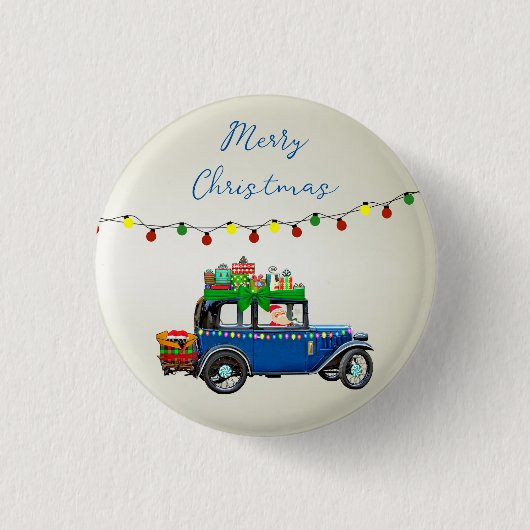Mooie, kerstblauwe auto met kerstman en cadeautjes ronde button 3,2 cm (Voorkant)