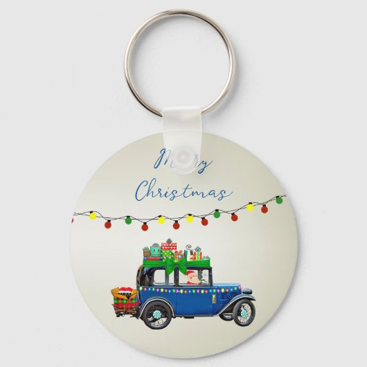 Mooie, kerstblauwe auto met kerstman en cadeautjes sleutelhanger (Voorkant)