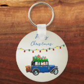 Mooie, kerstblauwe auto met kerstman en cadeautjes sleutelhanger (Voorkant)