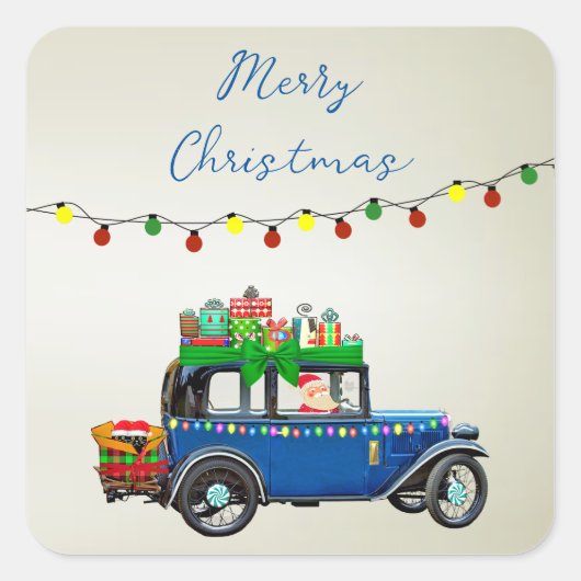 Mooie, kerstblauwe auto met kerstman en cadeautjes vierkante sticker (Voorkant)