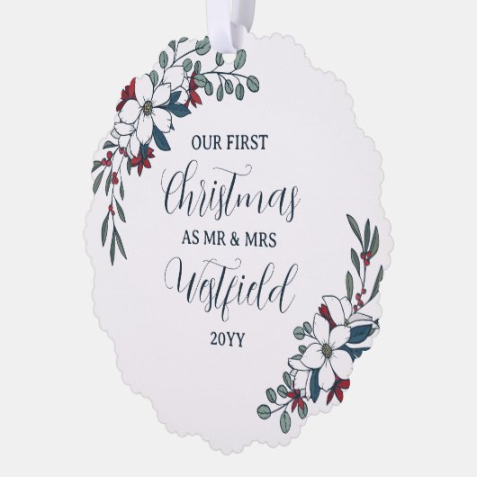 Mooie Kerstbloemen 1e Kerstmis Getrouwd Ornament Kaart (Links)