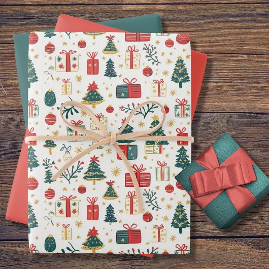 Mooie Kerstbomen Cadeaus Retro Patroon Inpakpapier Vel