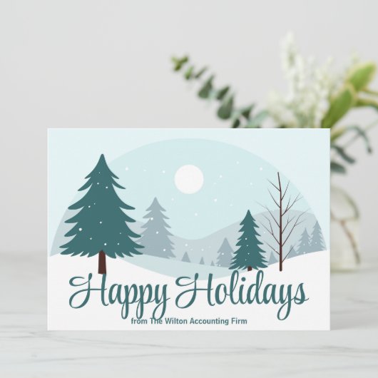 Mooie kerstbomen Winter Sneeuw Zakelijk Feestdagenkaart (Staand voorkant)