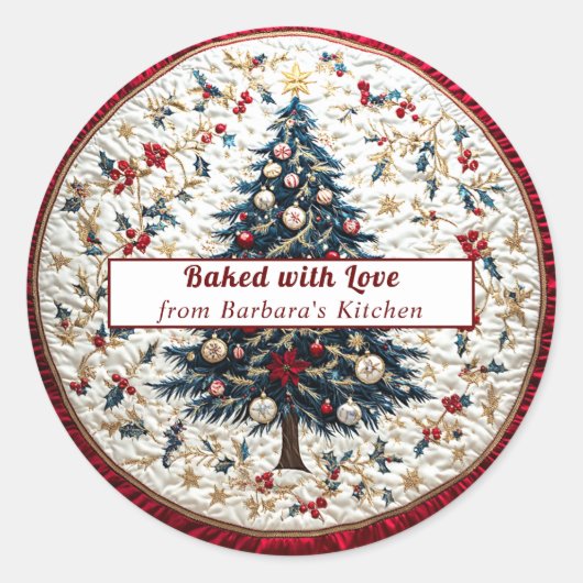 Mooie kerstboom Holly Red Satin Ronde Sticker (Voorkant)