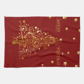 Mooie kerstboom met metallisch goud op donkerrood theedoek (Horizontaal)