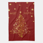 Mooie kerstboom met metallisch goud op donkerrood theedoek (Verticaal)