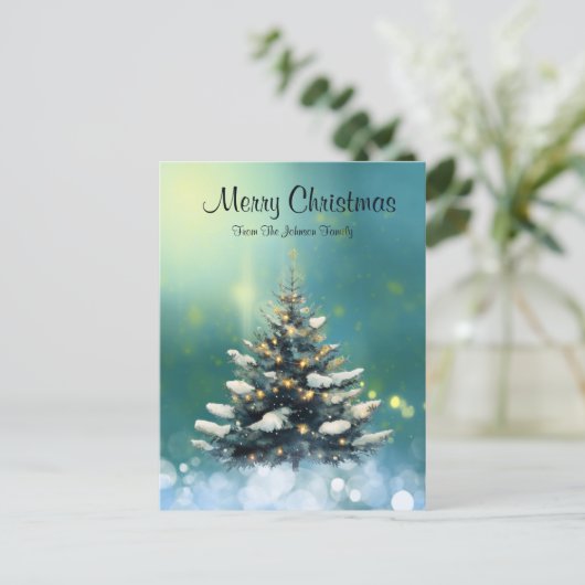 Mooie kerstboom met sneeuw en gouden lampjes briefkaart (Staand voorkant)