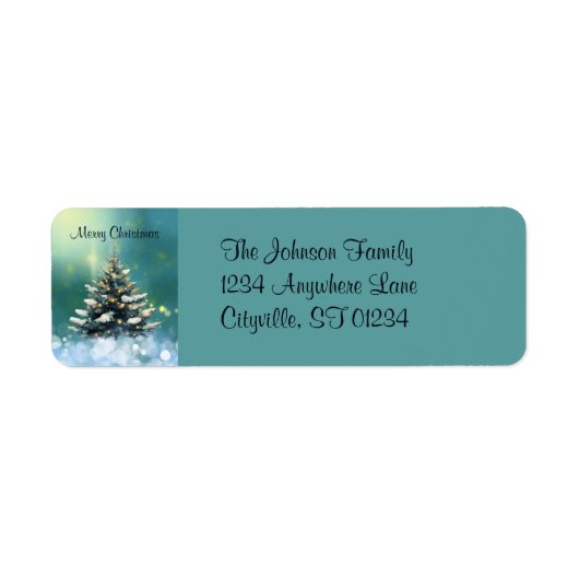 Mooie kerstboom met sneeuw en gouden lampjes etiket (Voorkant)