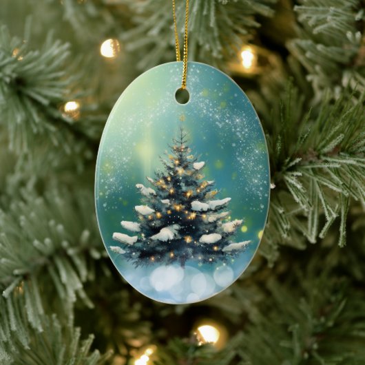 Mooie kerstboom met sneeuw en gouden lampjes keramisch ornament (Boom)