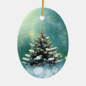 Mooie kerstboom met sneeuw en gouden lampjes keramisch ornament (Voorkant)