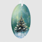 Mooie kerstboom met sneeuw en gouden lampjes ornament (voorkant)
