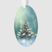 Mooie kerstboom met sneeuw en gouden lampjes ornament (voorkant)
