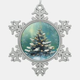 Mooie kerstboom met sneeuw en gouden lampjes tin sneeuwvlok ornament