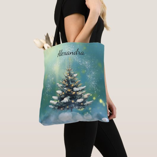 Mooie kerstboom met sneeuw en gouden lampjes tote bag (Dichtbij)