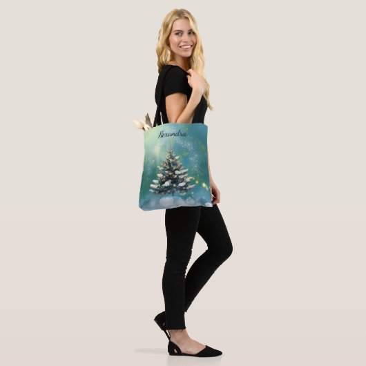 Mooie kerstboom met sneeuw en gouden lampjes tote bag (Op model)