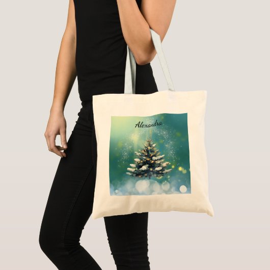 Mooie kerstboom met sneeuw en gouden lampjes tote bag (Voorkant (product))