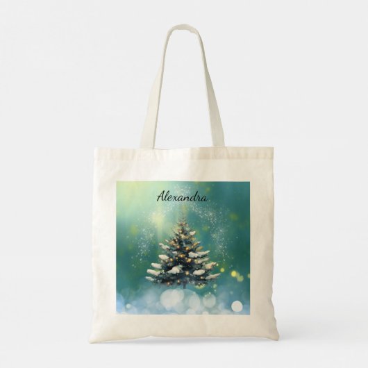 Mooie kerstboom met sneeuw en gouden lampjes tote bag (Achterkant)