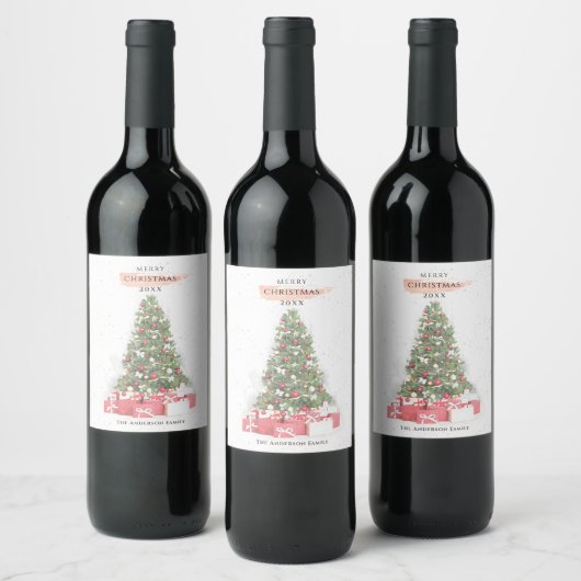 Mooie kerstboomkunst Waterverf Feestdagen Wijn Etiket (Flessen)