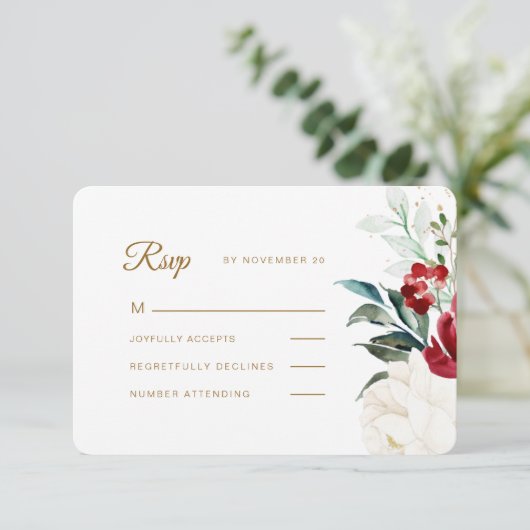 Mooie kerstbruiloft RSVP kaartje (Staand voorkant)