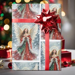 Mooie Kerstengel in Rood & Groen met Sneeuw Cadeaupapier