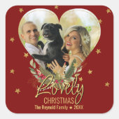 Mooie kerstfeestelijke Glitter Star Heart Foto Red Vierkante Sticker (Voorkant)