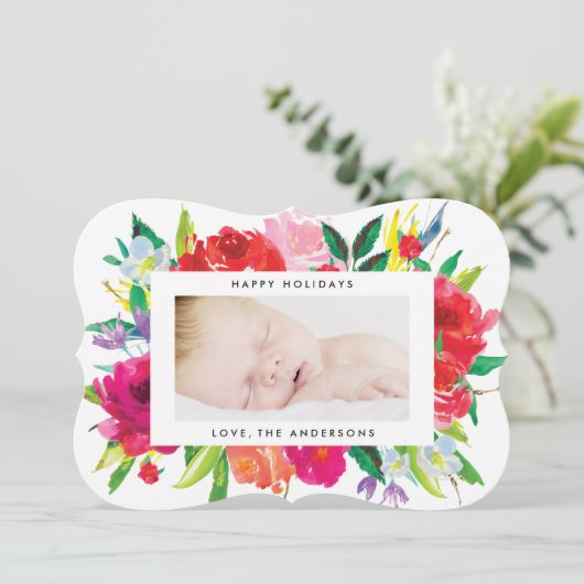 Mooie kerstfotokaart van Bright Floral Feestdagenkaart (Staand voorkant)