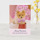 Mooie Kersthond Foto met Roze Strik & Boom Kaart (Gele Bloem)