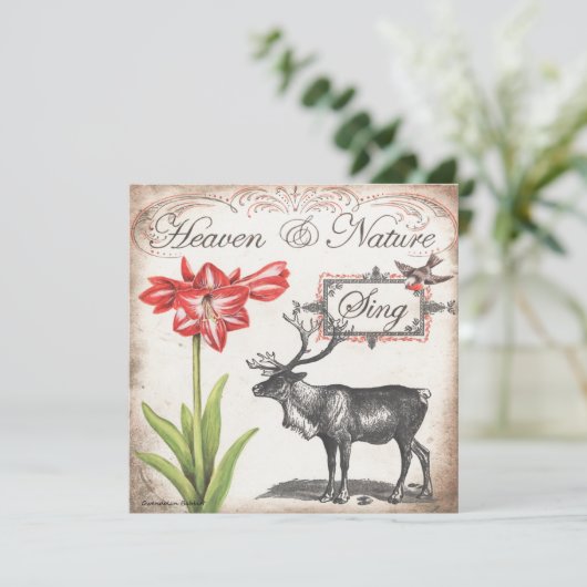 Mooie kerstkaart een rendier, amaryllis & vogel (Staand voorkant)