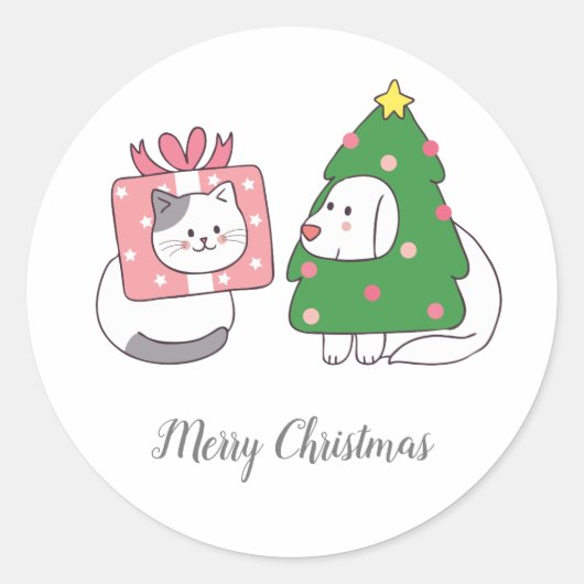 Mooie kerstkat en hond-Cartoon Ronde Sticker (Voorkant)