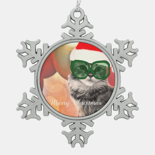 Mooie kerstkat met kerstmuts tin sneeuwvlok ornament (Voorkant)
