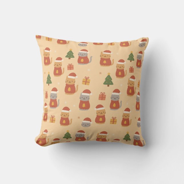 Mooie Kerstkatpatroon – Kawaii Festieve Katten & Kussen (Voorkant)