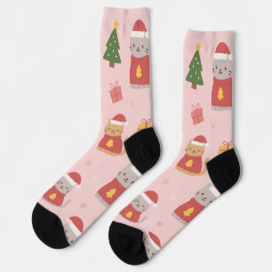 Mooie Kerstkatten Patroon – Roze Kerstontwerp Sokken