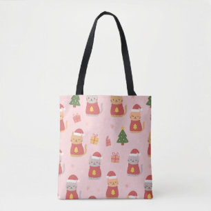Mooie Kerstkatten Patroon – Roze Kerstontwerp Tote Bag