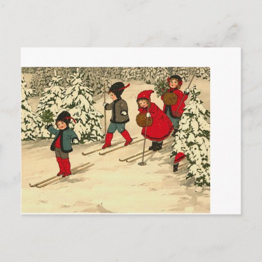 Mooie kerstkinderen uit Vintage skisneeuw Briefkaart (Voorkant)