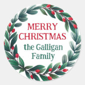 Mooie kerstkrans van vrolijk kerstfeest ronde sticker (Voorkant)