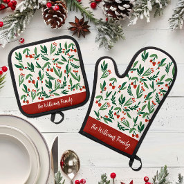 Mooie Kerstmis Botanische Holly Berry Custom Ovenwant & Pannenlap Set