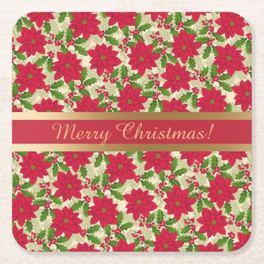 Mooie Kerstmis, Poinsettia, Holly, Pine tak Kartonnen Onderzetters (Voorkant)