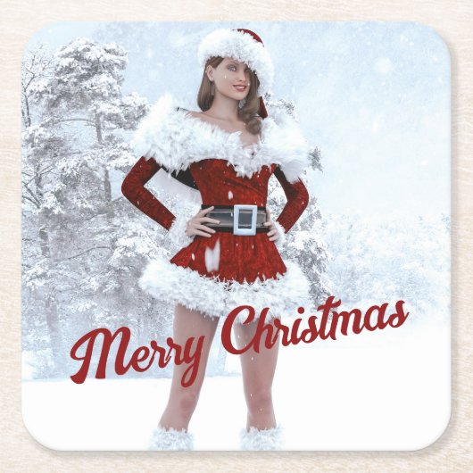 Mooie Kerstmisvrouw over Wintersneeuw Kartonnen Onderzetters (Voorkant)