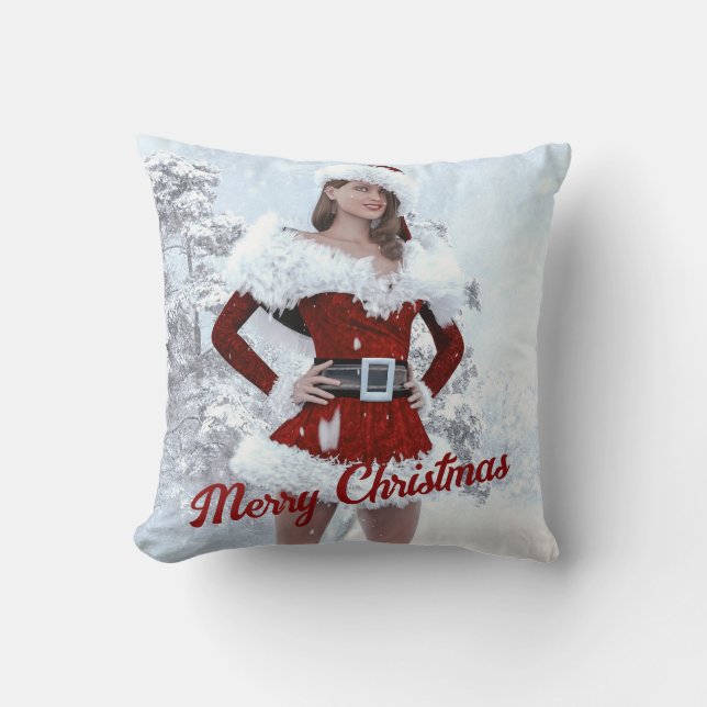Mooie Kerstmisvrouw over Wintersneeuw Kussen (Voorkant)
