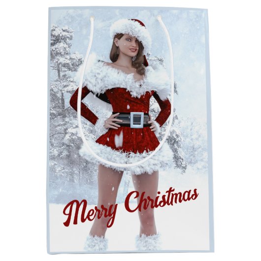 Mooie Kerstmisvrouw over Wintersneeuw Medium Cadeauzakje (Voorkant)